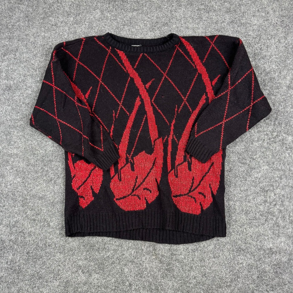 Ellen-D Kollection Sweater Womens Size M Black Red Abstract Leaf Knit USA Made